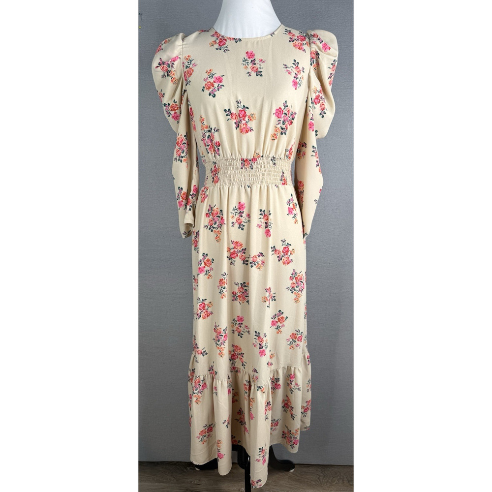 WAYF Puff Sleeve Floral Midi Dress Womens S Cottagecore Coquette Beige NEW